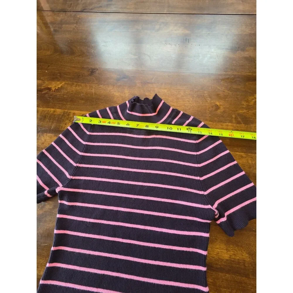 Free Assembly Striped Turtleneck Sweater Black Pink Ribbed Short Sleeve Top M - Picture 5 of 8